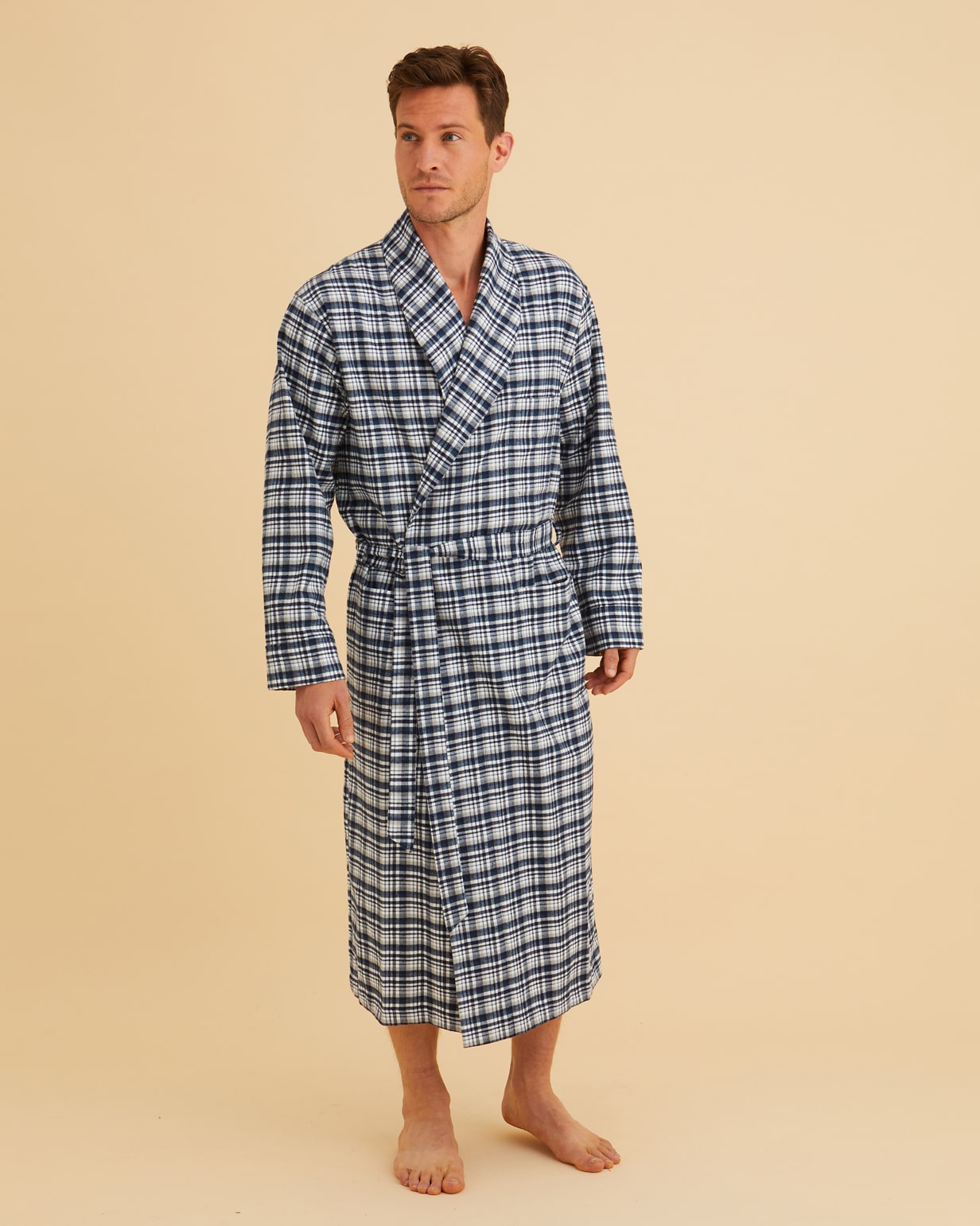 Men's Brushed Cotton Dressing Gown - Harrington Green White Plaid Check | Bonsoir of London