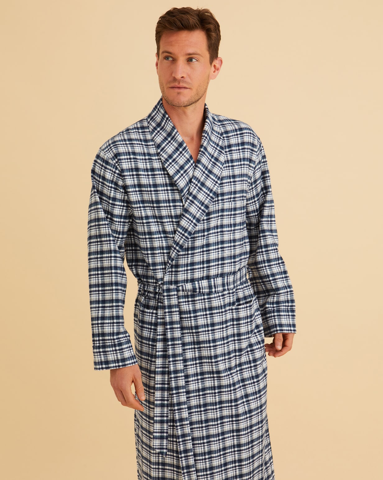 Men's Brushed Cotton Dressing Gown - Harrington Green White Plaid Check | Bonsoir of London